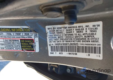 2007 Honda Civic Lx z USA, uszkodzony, nr VIN 1HGFA16597L002923